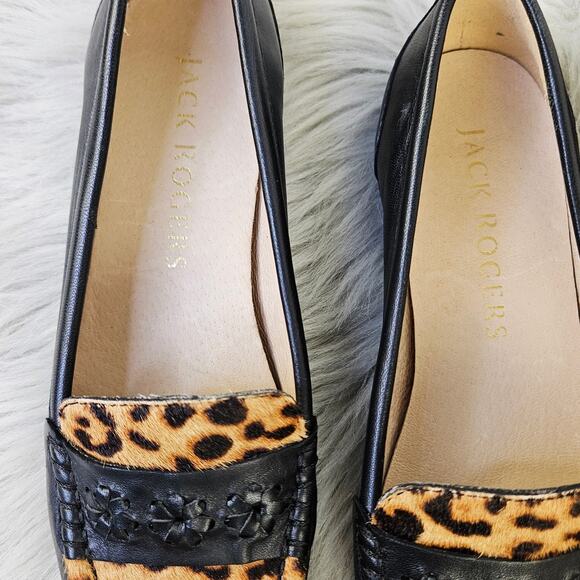 Jack Rogers Remy Calf Hair Leopard Print Loafers Black Leather SlipOn Flats 5.5B - Picture 6 of 13